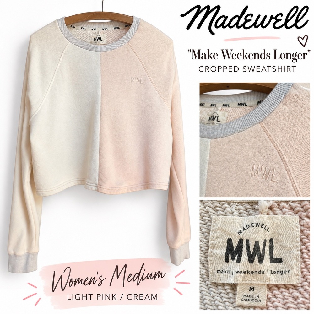 Madewell MWL Airyterry Colorblock Cropped Sweatshirt Pink Cream M